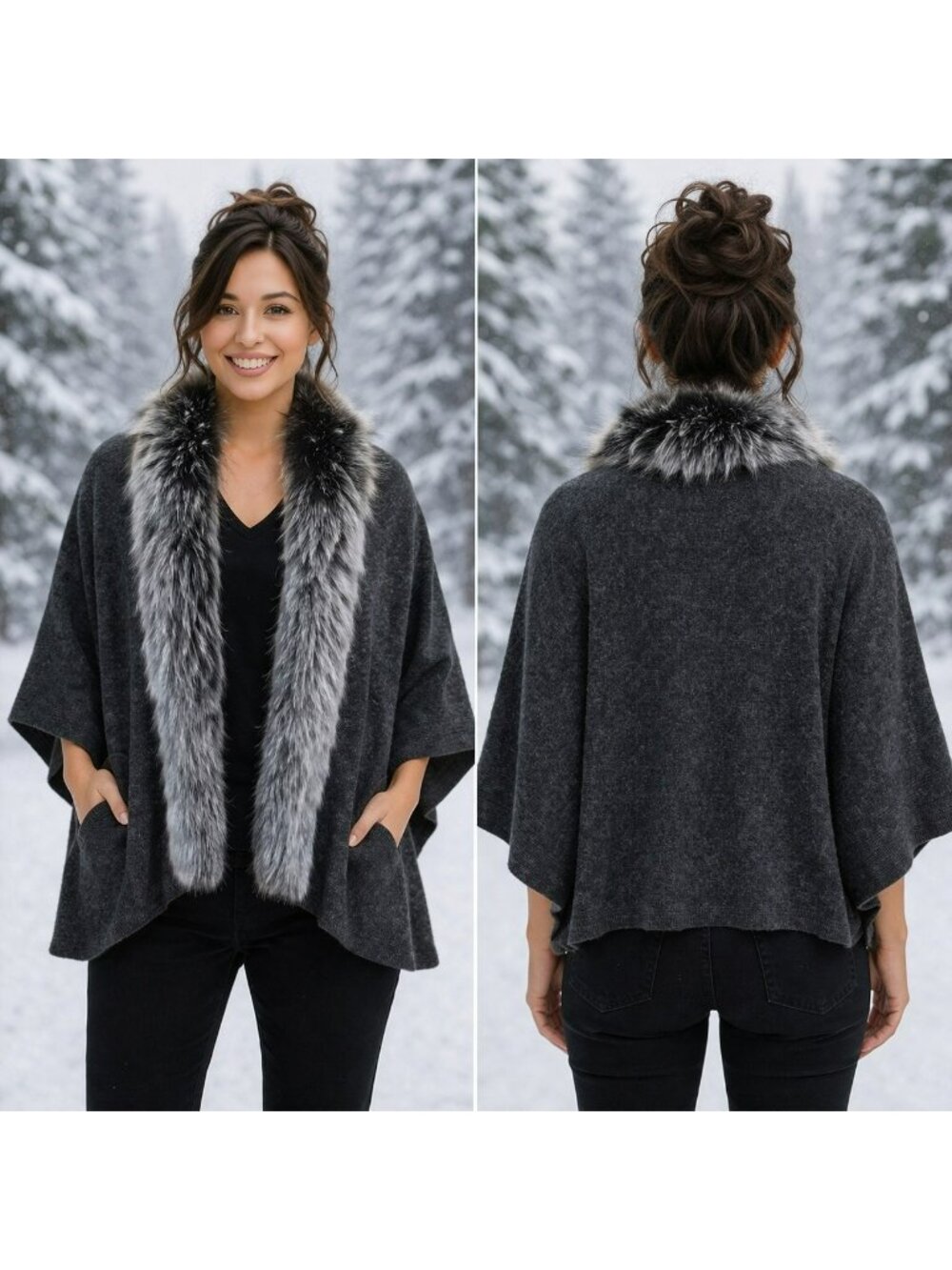 Magaschoni 100% Cashmere Cape With Fox Fur Trim Womens 2 Gray - Picture 2 of 13